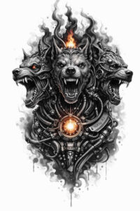 Demon wearing ornate armor with a fiery central orb, rendered in black and grey; AI-generated concept, project idea, perfect for cover-up.