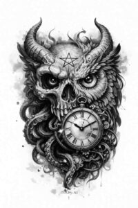 Black and grey tattoo design of a demon mask with a clock in its mouth, AI-generated concept, project idea, perfect for cover-up.