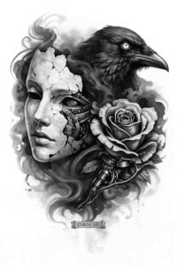 Face, crow, and rose in black and grey; AI-generated project concept; cover-up suitable.