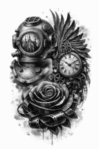 Helmet with rose, gears, clock, and feather in black and grey; AI-generated tattoo design concept, suitable for cover-up.