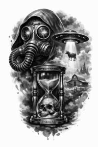 Black and gray tattoo concept showing gas mask, skull, hourglass, and UFO, a project/idea intended as a cover-up design.