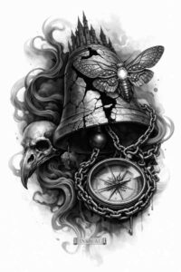 Moth perched on a pocket watch in black and grey realism; AI-generated tattoo idea, suitable for cover-up.