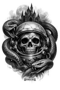 Skull with horned helmet, castle backdrop, and a pair of snakes in black and grey; AI-generated project draft, cover-up ready.