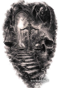 Dark black and grey tattoo design of a gothic stairway with a hanging scales of justice and a lit doorway edged by bare trees; project/idea, perfect for cover-up.