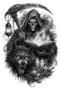 Black and grey tattoo design showing a hooded grim reaper reading a book, with a snarling wolf and a lantern; AI-generated concept, project idea, cover-up-ready.