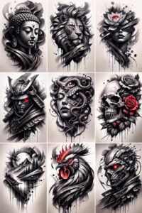 Demon head and skull collage in black and grey with selective red accents; AI-generated tattoo idea, cover-up friendly.