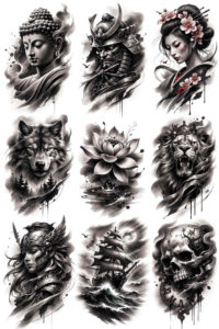 Dark grayscale wolf head tattoo design in black and grey; project idea, suitable for cover-up.
