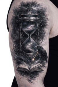 Black and grey hourglass with intertwining branches, cover-up tattoo design idea on skin.