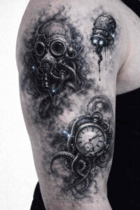 Black and grey biomechanical tattoo on upper arm featuring a gas mask, watch and gears; AI-generated concept, perfect for a cover-up.