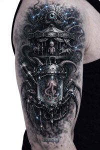 Clockwork hourglass with pagoda centerpiece surrounded by gears in black and grey; a project concept tattoo, cover-up-ready.