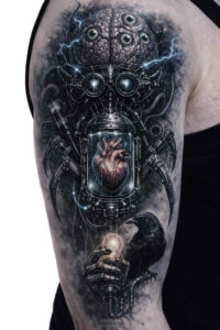Biomechanical skull tattoo in black and grey with gears, tubes and blue orbs; a project idea, and highly suitable for cover-up.