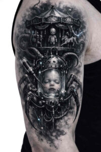 Black and grey biomechanical skull gears tattoo design, a project idea with skull, gear, and tube; cover-up ready.