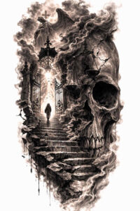 Black and grey skull beside a stairway leading into a dark forest with a glowing doorway and silhouetted figure; project idea; perfect for cover-up.