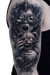 Black and grey realism tattoo on arm showing two demon faces in a dark, high-contrast composition; AI-generated idea for a cover-up project.