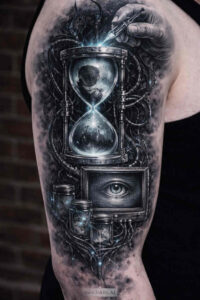Black and grey biomechanical hourglass tattoo design featuring gear and eye, shown as a concept piece with cover-up potential.
