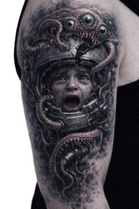 Girl's face emerges amid dark tentacles in black and grey; AI-generated project idea, cover-up ready.