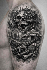 Black and grey biomechanical skull tattoo featuring a skull, gear, chains and a banner; AI-generated concept for a cover-up project.