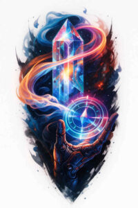 Color tattoo design concept: a neon blue sword with pink energy rings spiraling around it; AI-generated idea suitable for cover-up.