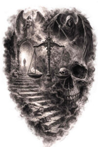 Dark black and grey tattoo concept showing skull, rock, water, and chain; AI-generated project idea, perfect for cover-up.