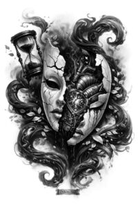 Face and dragon tattoo design in black and grey realism; AI-generated concept, project-ready cover-up idea.