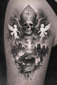 Black and grey project idea: skull with bishop mitre above a cathedral ruin and an angel, grayscale; cover-up friendly.