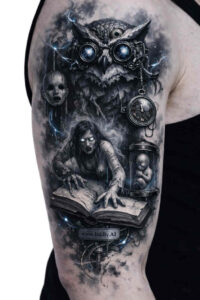 Ongoing black and grey tattoo concept featuring a dark owl head, a reclining maiden, and skulls in a shadowy surreal composition; AI-generated concept, suitable for cover-up.