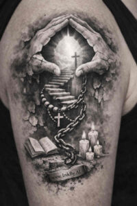 Black and grey tattoo of two hands forming a frame around a central cross with candles and an open book; AI-generated project idea; cover-up ready.