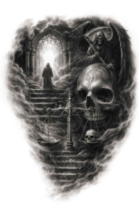 Black and grey tattoo design idea: skull on a forest stairway with a looming figure and raven; AI-generated concept; suitable for cover-up.
