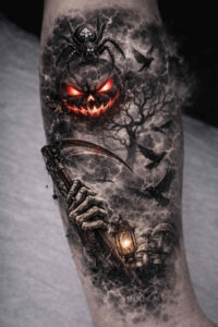 Dark black-and-grey tattoo design on leg: a hooded demon with a glowing jack-o'-lantern head and lantern, AI-generated concept, ideal for cover-up.