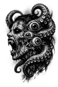 Head of a demon fused with mechanical tentacles in black and grey, AI-generated tattoo design concept; ideal for cover-up.