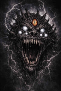 Demon head with horned crown, glowing white eye sockets, and a gaping maw in black and grey; AI-generated cover-up concept.