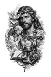 Jesus with crown of thorns and cross, an angel, chalice, and book in black and grey; AI-generated tattoo idea, cover-up-ready.