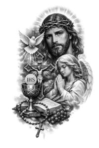 Religious black and grey tattoo featuring Jesus with IHS emblem, a dove, and a rosary; project concept.