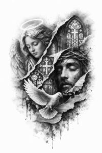 Mary and Jesus portraits with a dove and cross motifs in black and grey realism; AI-generated tattoo design concept, suitable as a cover-up.
