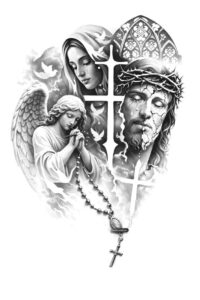 Black and grey tattoo design of Jesus on a cross inside a heart frame with crown of thorns and a rosary; project idea; perfect for cover-up.