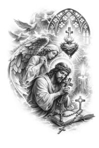 Grey-scale religious tattoo in black and grey, showing a praying figure, cross, arch, angels, and birds; a concept sketch for a dramatic piece.