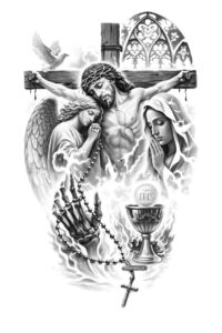 Cross with angel figures in black and grey, illustrative tattoo design; a project idea.