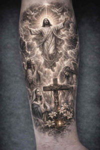 Black and grey tattoo on forearm showing a central cross with halo and a divine figure above, surrounded by clouds; a project/idea, AI-generated, highly suitable for cover-up.
