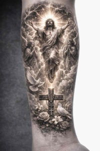 Black and grey tattoo of archangel michael with wing, halo, and lightning above a crucifix; AI-generated project idea; perfect for cover-up.