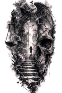 Dark grayscale skull with a winding staircase forming an archway, a lantern hanging to the side, presented as a project idea in black and grey; perfect for cover-up.