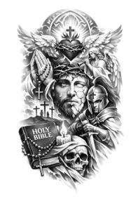 Dark winged warlord tattoo design in black and grey; AI-generated project, cover-up potential.