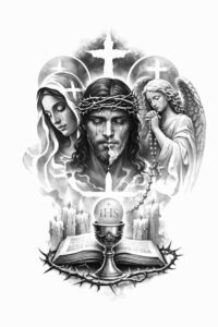 Black and grey tattoo design concept featuring a central bearded warrior with a helmet, flanked by winged angels, with a book motif at the base; AI-generated project idea; suitable for cover-up.