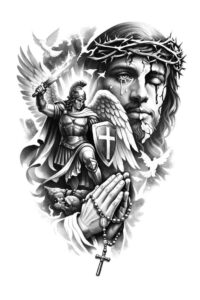 Archangel Michael tattoo concept in black and grey realism, a monochrome project idea with cover-up potential.