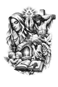 Angel and woman portrait in black and grey realism; AI-generated tattoo idea showing an angel with halo behind a female profile, an open book, and floral accents.