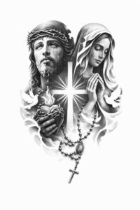 This black and grey realism tattoo design shows a man and a woman flanking a central cross with a rosary; concept sketch for a potential religious piece.