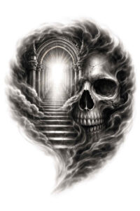 Black and grey tattoo concept: skull on the right with an archway and staircase on the left; AI-generated project idea, perfect for cover-up.