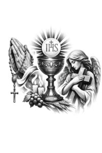 Praying hand, chalice with IHS, host, rosary, grape, and wheat in black and grey linework; project idea.