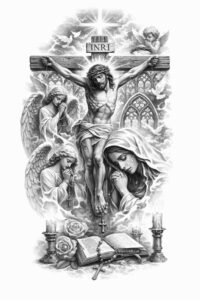 Jesus on the Cross with an open Bible, rendered in black and grey; AI-generated tattoo design idea, suitable for cover-up.