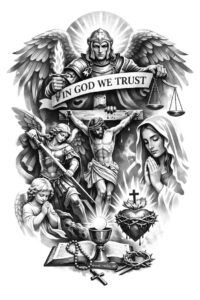 Black and grey tattoo design concept featuring an angel and banner; AI-generated project, cover-up ready.