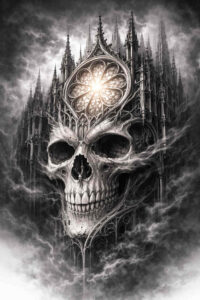 Skull with gothic cathedral backdrop in black and grey; AI-generated tattoo design idea for a cover-up.